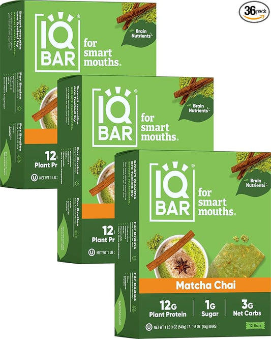 IQBAR Brain and Body Plant Protein Bars - Matcha Chai - 36-Count Low Carb - Gluten Free, High