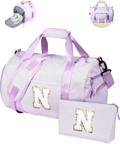 Gifts for 3 4 5 6 7 8 Years Old Girls, Girl Gym Bag, Kids Initial Overnight Duffel Bags with Shoe Compartment, Personalized Dance Bag with Makeup Pouch, Gift Ideas for Preteen (Letter N)