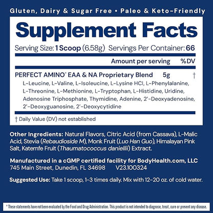 BodyHealth PerfectAmino Powder - BCAA and EAA Powder for Pre and Post Workout - Amino Acid Energy Drink to Support Lean Muscle and Recovery - NSF Certified for Sport - Mixed Berry - 66 Servings