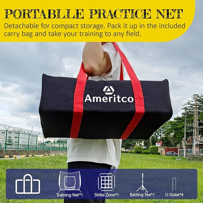Baseball Net，7x7ft Baseball Practice Net with Tee and Target, Large Pocket Sports net for Hitting/Batting/Pitching/Throwing,Scratch Resistant Base,Indoor/Outdoor Versatile Use for All Levels