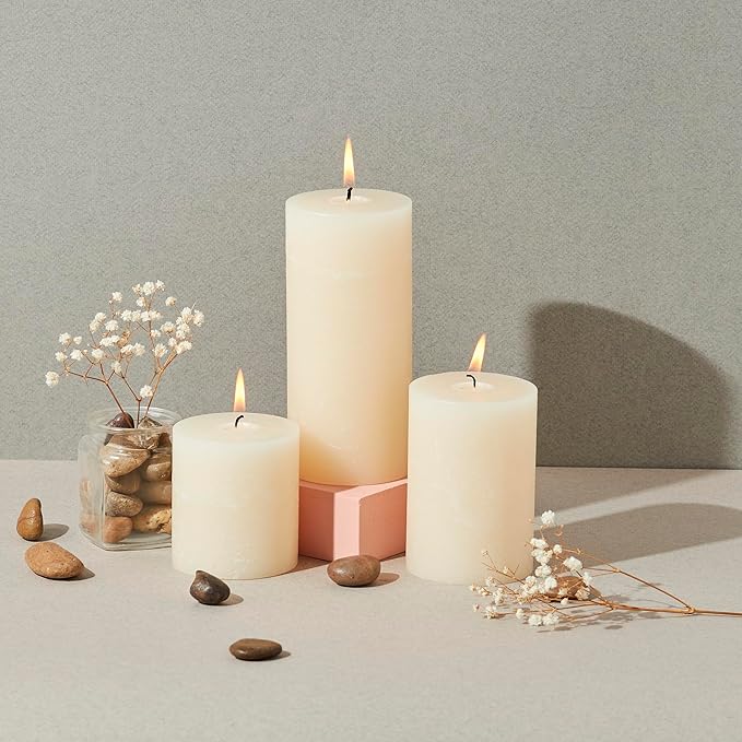 Simply Soson 3x6 inch Ivory Pillar Candles Set of 6, Rustic Texture, Unscented Ivory Candles, Dripless Candles, 3 inch Pillar Candles Ideal as Wedding, Parties, Spas, Dinner, Home Decoration, Church