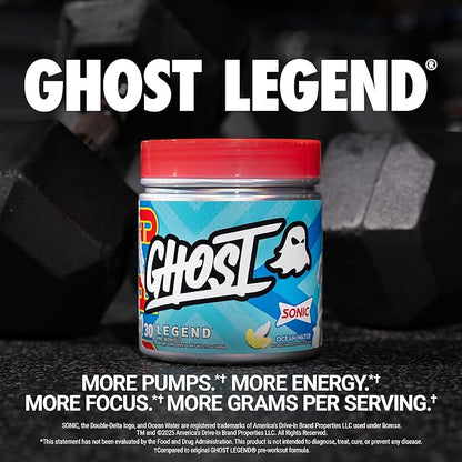 GHOST Legend Pre-Workout Powder, Sonic Ocean Water - 30 Servings ??Pre-Workout for Men & Women with Choline, L-Citrulline, & Beta Alanine for Energy & Focus
