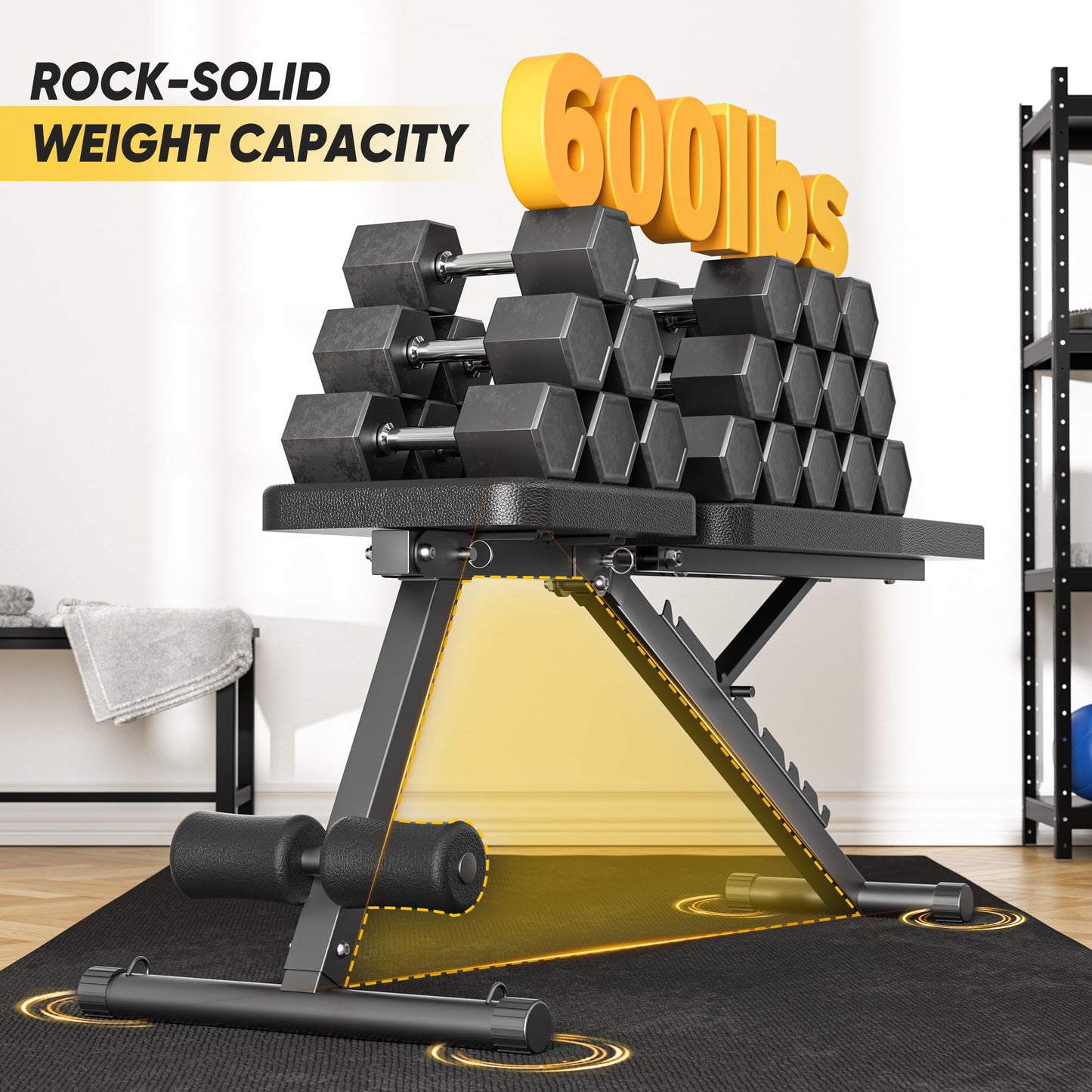 Adjustable Weight Bench for Home Gym, 600LBS Capacity Foldable Workout Bench with 7 Backrest