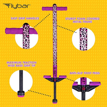 Flybar Pogo Stick for Kids, 40 to 80 Pounds, Perfect for Beginners, Easy Grip Foam Handles, Anti-Slip Foot Pegs, Outdoor Toys for Boys, Jumper Toys for Girls, Outside Toys for Kids (Jolt, Leopard)