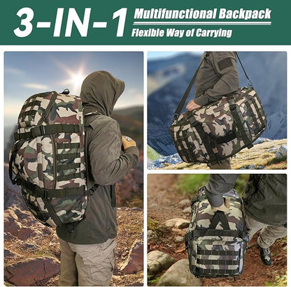 55L Large Duffle Bag, 3-in-1 Tactical Backpack MOLLE Pack for Sports, Gym, Outdoor, Woodland
