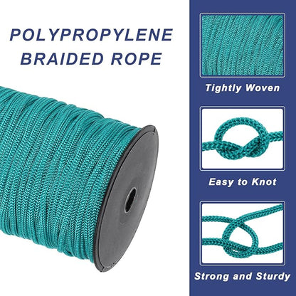 MECCANIXITY 3/16 Inch Polypropylene Rope Braided Ropes, 328ft Nylon Rope Hollow Utility Cord for Clothesline, Camping, Hiking, Outdoor, Peacock Green