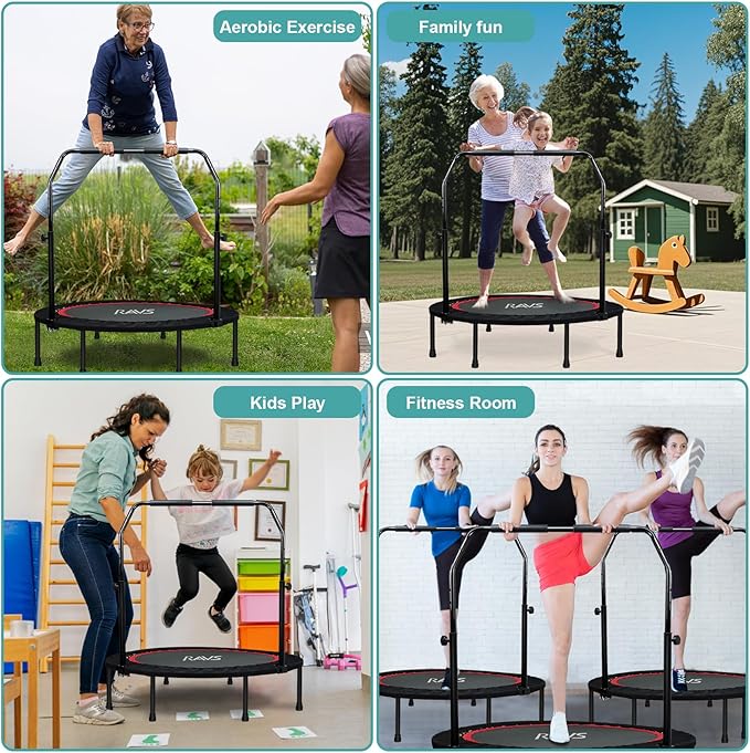 RAVS Mini Trampoline for Kids Adults 40"/48" Foldable Fitness Rebounder Kids Trampoline with 5 Levels Height Adjustable Handle Resistance Bands Indoor Workout