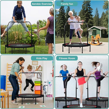 RAVS Mini Trampoline for Kids Adults 40"/48" Foldable Fitness Rebounder Kids Trampoline with 5 Levels Height Adjustable Handle Resistance Bands Indoor Workout