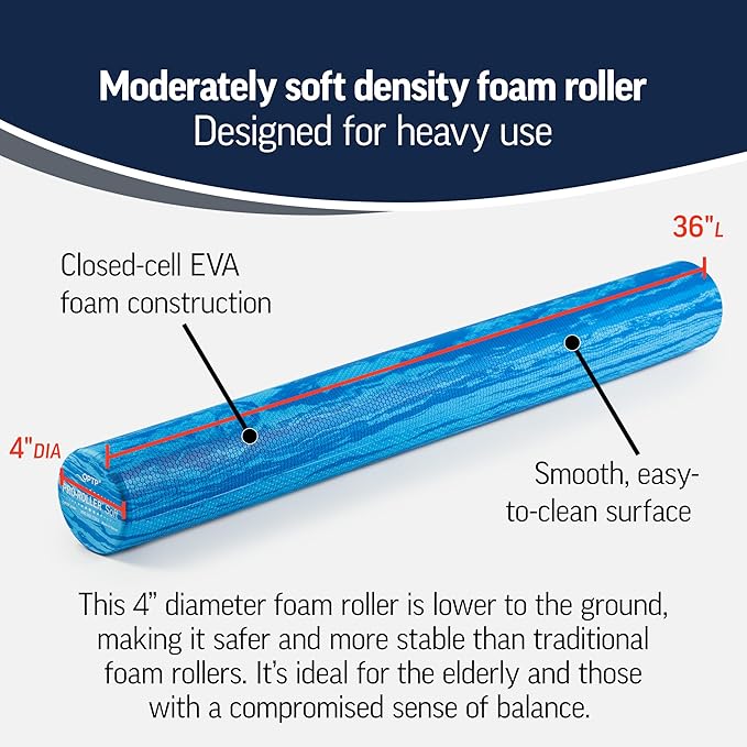 OPTP PRO-Roller Soft Density Foam Roller ??Low Density Soft Foam Roller for Physical Therapy, Pilates, Yoga Foam Roll Exercises, and Muscle Recovery - Blue 36" x 4"