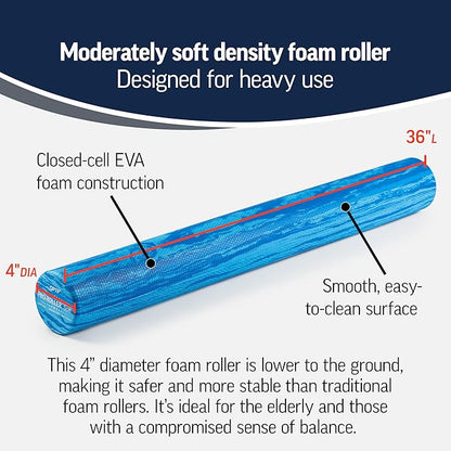 OPTP PRO-Roller Soft Density Foam Roller ??Low Density Soft Foam Roller for Physical Therapy, Pilates, Yoga Foam Roll Exercises, and Muscle Recovery - Blue 36" x 4"