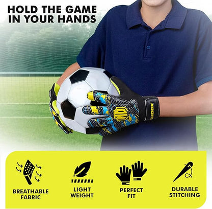 Soccer Goalkeeper Gloves, Double Wrist Protection, Anti-Slip Palm, Youth Kids Size, Black/Yellow/Blue