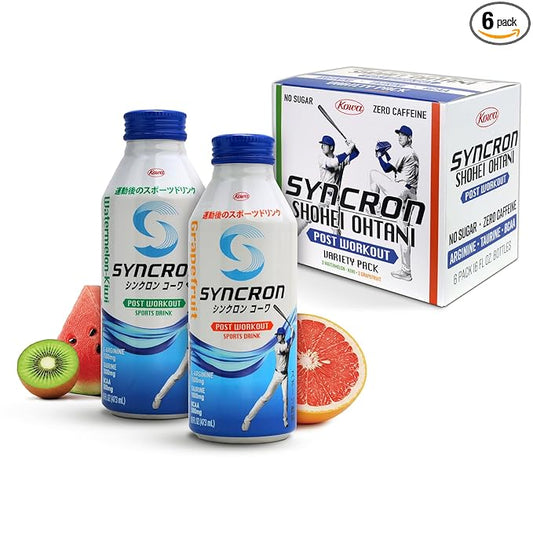 Syncron Post Workout Sports Drink Endorsed by Shohei Ohtani, Sugar Free Electrolyte Hydration, Taurine, L Arginine, BCAAs for Athletes, Watermelon Kiwi & Grapefruit Flavors, Variety 6 Pack, 16 oz