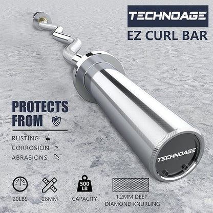 TECHNOAGE Olympic EZ Curl Bar, 47" Curl Bar(350/500LBS Capacity) 20LB, Solid Steel, Chrome Finish Barbell with Copper Sleeve and Bearing for 2-inch Plates, for Weight Lifting,Hip Thrusts,Squat,Biceps-Home Gym Weight Bar