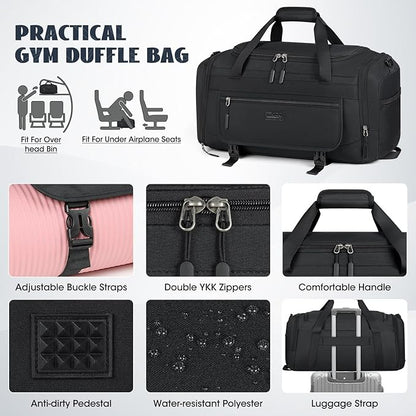 IGOLUMON Gym Bag for Men 55L Sports Duffel Bags Gym Duffle Bag Women with Shoe Compartment & Wet Pocket Water Resistant Travel Duffel Bag Lightweight Weekender Overnight Bag Black