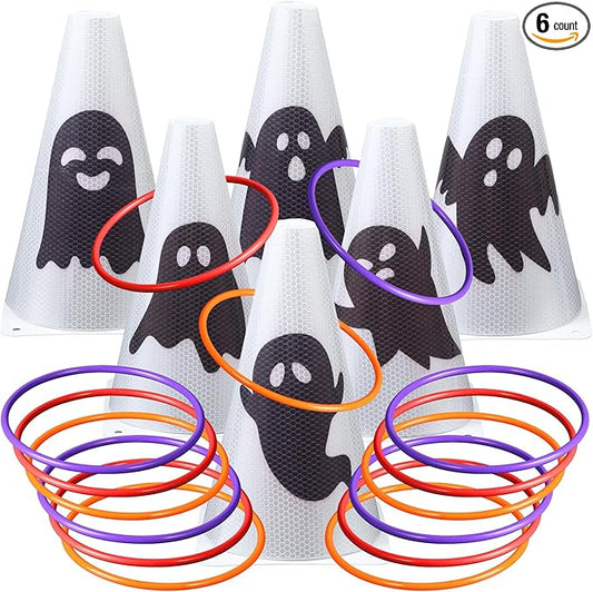 Leitee 6 Sets Candy Corn Ring Toss Game Plastic Cones Ring Toss Combo Set Mini Traffic Cones Toss