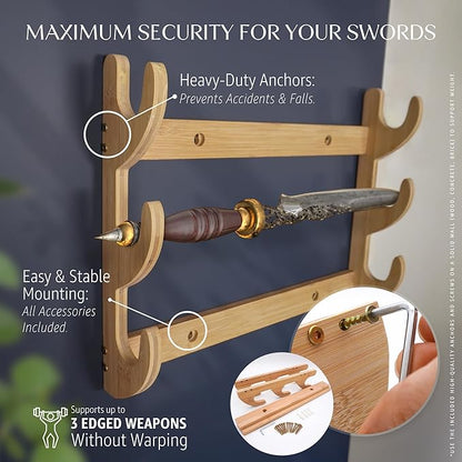 Wall Sword Holder 3 Tier - Bamboo Katana Wall Mount - Sword Mount for Secure Blade Display - Protects Swords, Easy Installation, Space-Saving Design for Home Decor