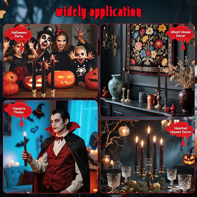 8 Pack Halloween Bleeding Candles, Black Vampire Tears Taper Candles Spooky Blood Drip Candles Set for Halloween Party Gothic Home Vampire Theme Rituals Decoration