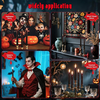 12 Pack Halloween Bleeding Candles, Black Vampire Tears Taper Candles Spooky Blood Drip Candles Set for Halloween Party Gothic Home Vampire Theme Rituals Decoration
