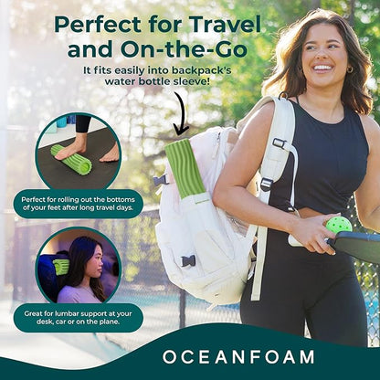 Oceanfoam Ripple Travel Foam Roller (11" x 3.35") Firm Mini Foam Roller for Physical Therapy, Deep Tissue Massage, Back Pain - High Density, Ergonomic Wave Textured - Yoga, Exercise (Algae Green)