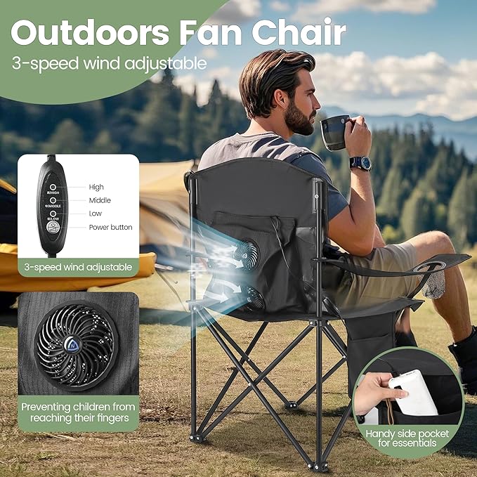 2 Pack Camping Chairs with Fan, Lightweight Camp Chair 300LBS Portable Foldable Chairs for Adults & Teens, Compact with Carry Bag for Camping, Beach, Picnics, Outdoor