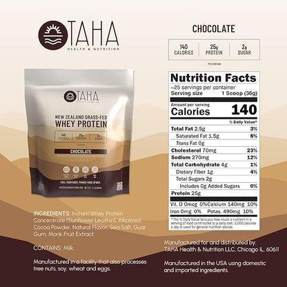 Taha Health & Nutrition Chocolate Flavored Whey Protein Concentrate Powder, 25g Protein, 140 Calories, 2g Sugar | New Zealand Grass-Fed, Free-Range Dairy | Gluten and Soy Free, Keto, Kosher | 2LB