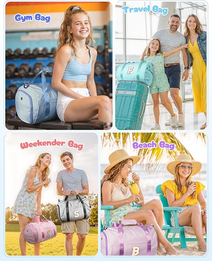 Teen Girls Gifts, Girl Gym Bag, Kids Initial Overnight Duffel Bags with Shoe Compartment, Personalized Travel Bag with Makeup Pouch, Gift Ideas for Niece Daughter (Letter W)