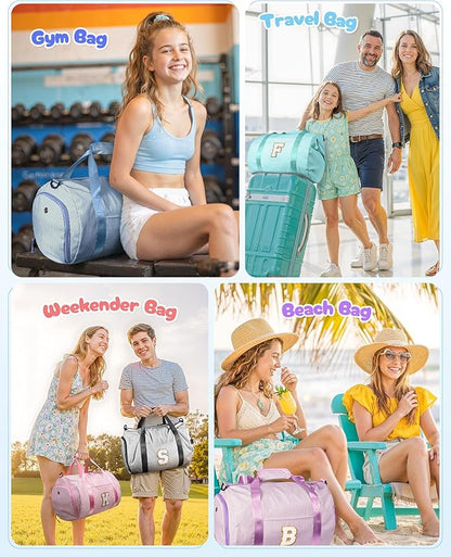 Teen Girls Gifts, Girl Gym Bag, Kids Initial Overnight Duffel Bags with Shoe Compartment, Personalized Travel Bag with Makeup Pouch, Gift Ideas for Niece Daughter (Letter W)