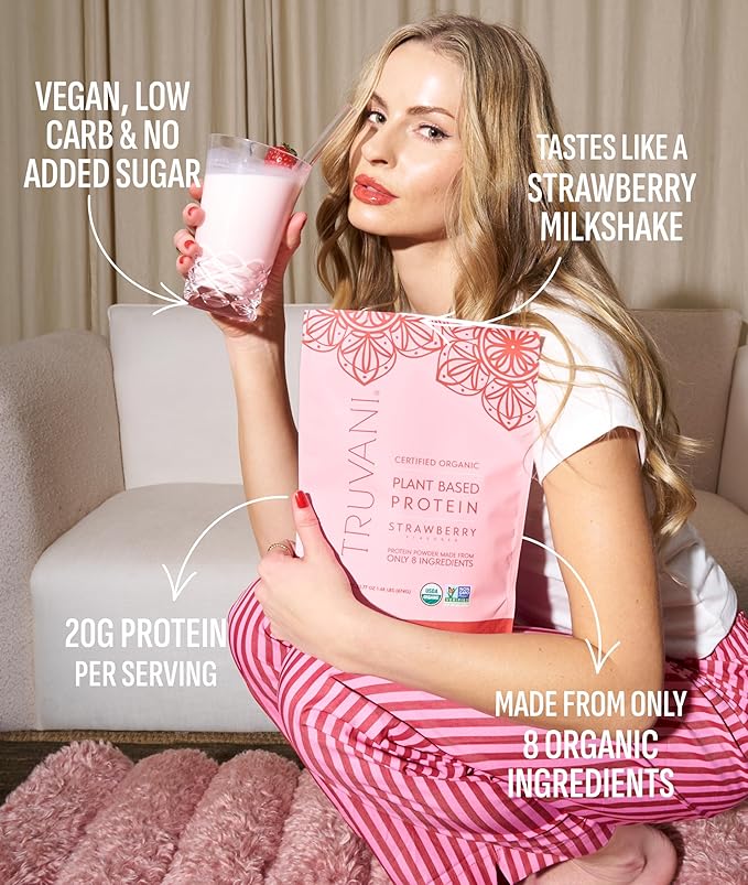 Truvani Vegan Pea Protein Powder | Strawberry | 20g Organic Plant Based Protein | 1 Serving | Keto | Gluten & Dairy Free | Low Carb | No Added Sugar