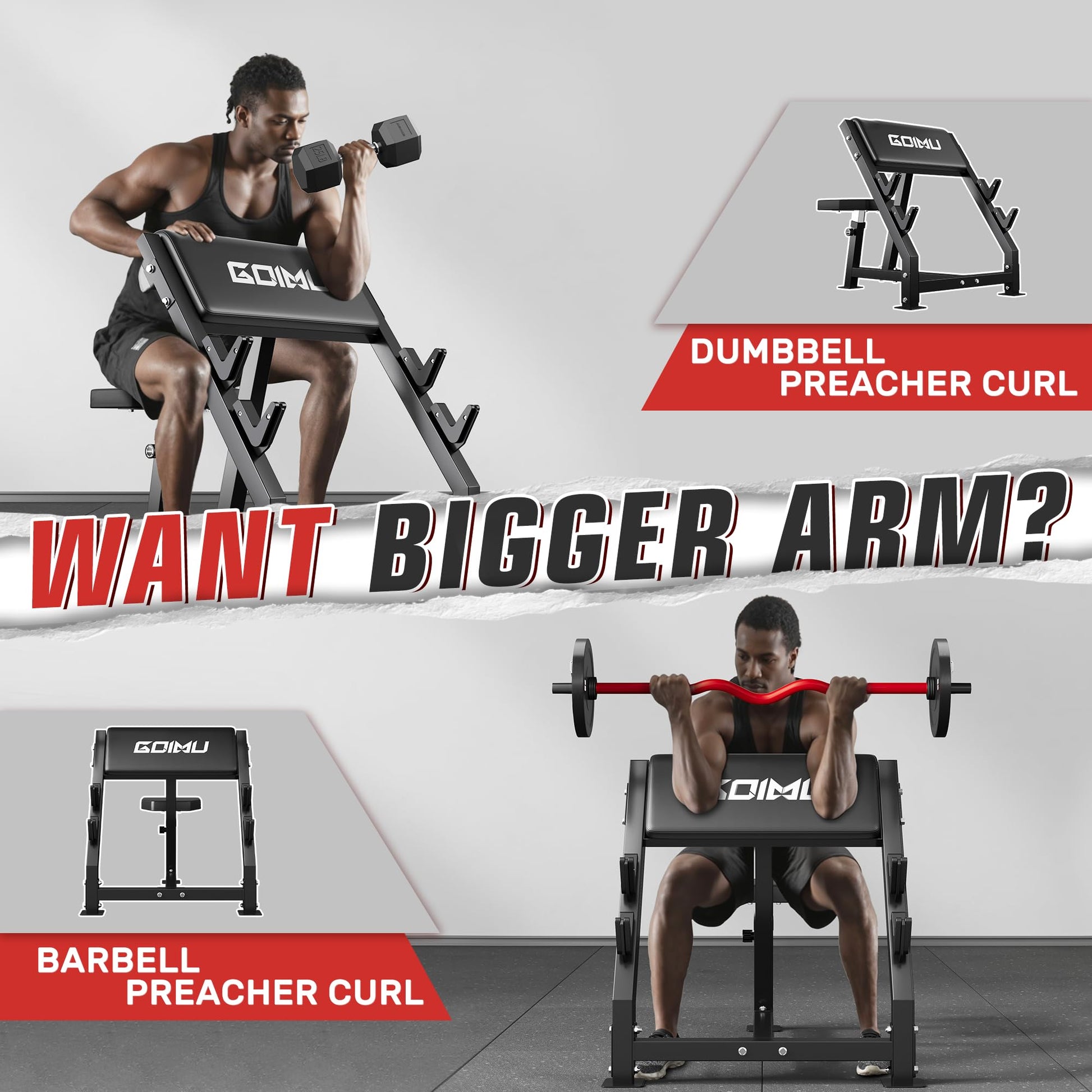 GOIMU PC01 Preacher Curl Bench, Seated Arm Isolated Barbell Dumbbell Bicep Station, Adjustable