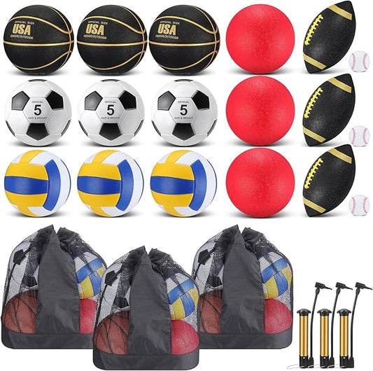 Leyndo 18 Pcs Sport Balls Bulk Set Basketball Football Volleyball Soccer Playground Baseball with