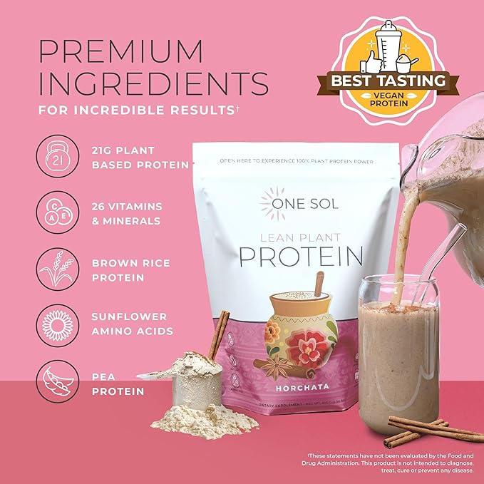 One Sol Lean Plant-Based Protein Powder, Pea & Brown Rice Protein, Low Carb, Vegan Friendly - Gluten, Lactose, & Soy Free - No Added Sugar, Non-GMO, Clean Nutrition, No Bloating (Horchata)
