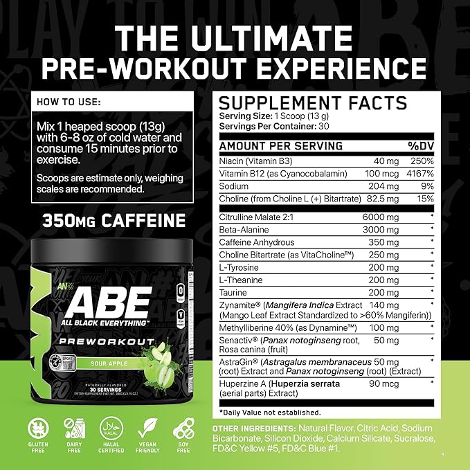 All Black Everything Pre Workout Powder | 30 Servings | Sour Apple | 350mg Caffeine | Nootropic Pre-Workout Blend | Beta Alanine + Citrulline | Energy Supplement for Men and Women