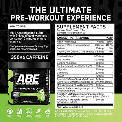 All Black Everything Pre Workout Powder | 30 Servings | Sour Apple | 350mg Caffeine | Nootropic Pre-Workout Blend | Beta Alanine + Citrulline | Energy Supplement for Men and Women