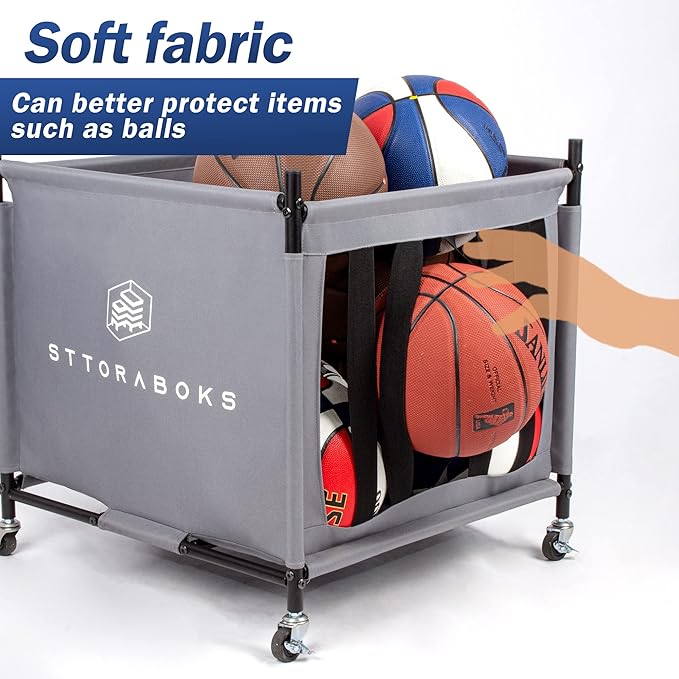 Sports Ball Storage Cart with Wheels, Lockable Ball Organizer Basket with Elastic Straps, Stackable Ball Cage for Garage Storage, Gym, Sports Equipment Storage Oxford Bin, Ball Case
