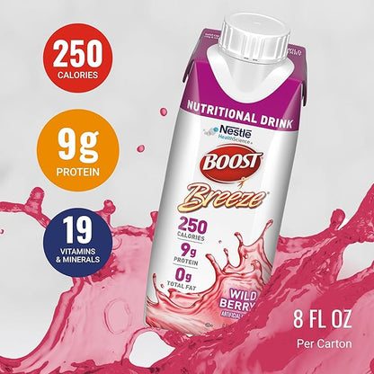 BOOST Breeze Clear Nutritional Drink - 250 Calories - 19 Vitamins & Minerals - 9 g Protein ??Fortified Clear Nutritional Drink with Vitamin A & Zinc - Wild Berry Flavor - 8 fl oz (Pack of 24)
