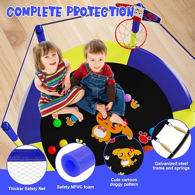 60" Trampoline for Kids, 5 FT Indoor & Outdoor Toddler Baby Trampoline with Basketball Hoop, Safety Enclosure, Birthday Gifts for Kids, Gifts for Boy and Girl, Age 3-8