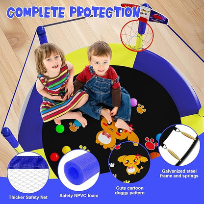 60" Trampoline for Kids, 5 FT Indoor & Outdoor Toddler Baby Trampoline with Basketball Hoop, Safety Enclosure, Birthday Gifts for Kids, Gifts for Boy and Girl, Age 3-8