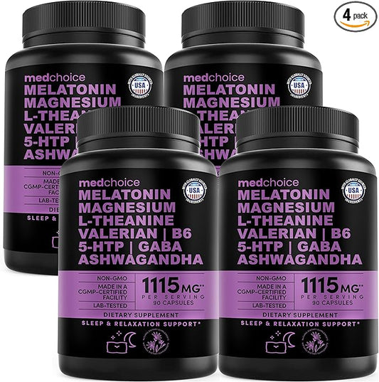 12-in-1 Melatonin Sleep Capsules - Natural Sleep Aids for Adults with Melatonin 5mg and Magnesium Glycinate 500mg, Sleep Aid with Ashwagandha, L Theanine, Valerian Root, GABA, 5-HTP (90ct, Pack of 4)