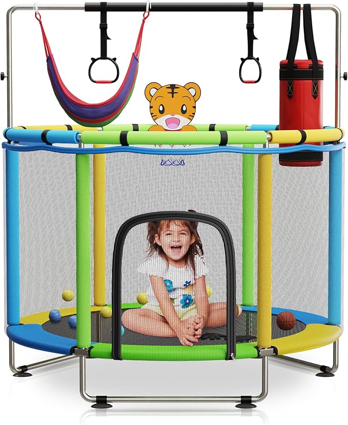 Toddler Trampoline for Kids Ages 3-8 - 5 ft Toddler Trampoline with Net, Basketball Hoop, Ocean Balls, Boxing Bag, Hammock - Indoor and Outdoor for Kids, Backyard