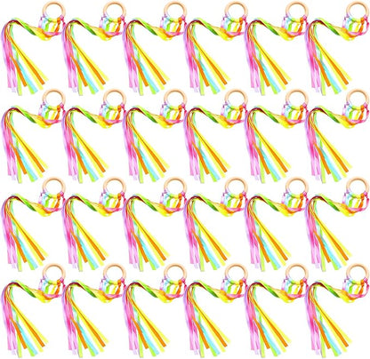 Junkin Ribbon Rings Hand Kite Waldorf Toys Dancing Wrist Ribbons Rainbow Streamers with Wood Ring Sensory Learning Educational Toy for Playroom Dancing Birthday Party Gift(Fresh,24 Pcs)