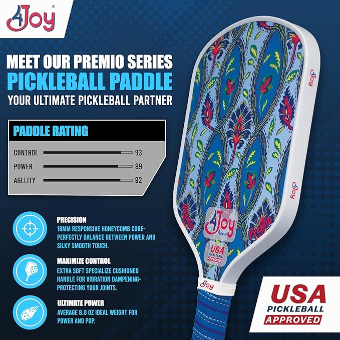 4Joy Pickleball Paddle Premio Series - Thermoformed Premium T700 Carbon Fiber Pickleball Paddless - Professional Pickleball Rackets for Women & Men - 16mm Honeycomb Core - USAP Approved
