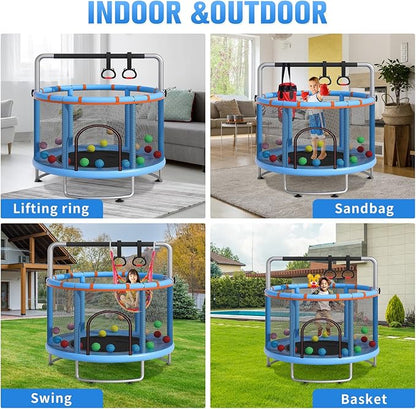 55" Small Trampoline for Kids, Telawah Indoor Outdoor with with Enclosure Net, Safety Enclosure, Round Jumping Mat with Basketball Hoops, Birthday Gifts for Children