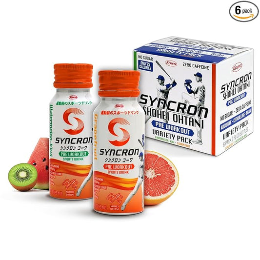 Syncron Pre Workout Sports Drink Endorsed by Shohei Ohtani, Aluminum Bottled, Sugar Free Energy Drink, L Arginine, L Citrulline & BCAAs for Athletes, Watermelon Kiwi & Grapefruit, Variety 6 Pack, 2 oz