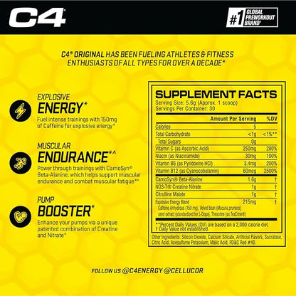 Cellucor C4 Original Pre Workout Powder Watermelon Sugar Free Preworkout Energy Supplement for Men & Women 150mg Caffeine + Beta Alanine + Creatine 30 Servings
