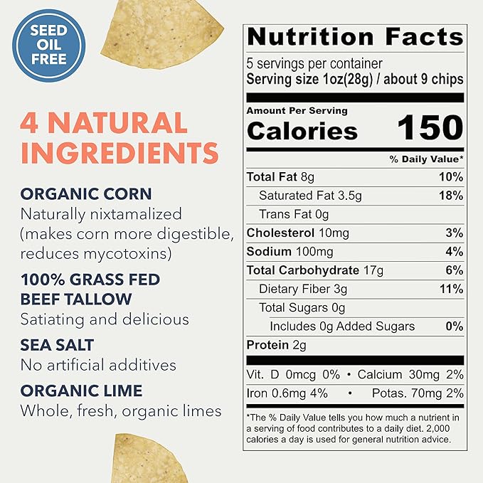 MASA Chips - Lime Flavored Tortilla Chips, Handmade Corn Chips & Crisps - Naturally Grown White Corn, Made with Grass Fed Tallow & Sea Salt - 6 Pack, 5 Ounce Each