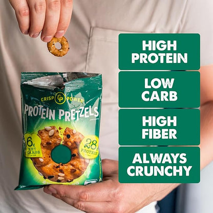 Crisp Power Protein Pretzels, Variety Pack With Sea Salt, Sesame, & Everything, Vegan Keto Snack, Plant Based Protein, Low Carb Crunchy Pretzel Snacks, Sugar Free, No Seed Oils, 1.75 Oz Bags, 24 Pack