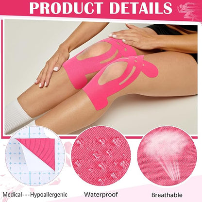 50 Pcs Precut Kinesiology Tape for Knees Pain Relief Elastic Waterproof Athletic Knee Tape for Support Stability Sports(Rose Red)