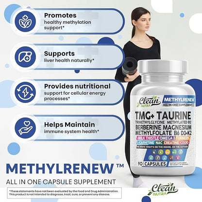 Clean Nutra TMG Supplements 1000mg | Methylated Multivitamin for Women Men | Taurine B6 Vitamins B12 D3 K2 Trimethylglycine Magnesium Methylfolate Milk Thistle NAC COQ10 B Supplement Complex Capsules