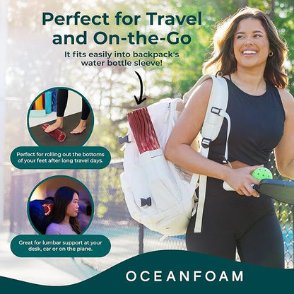 Oceanfoam Ripple Travel Foam Roller (11" x 3.35") Firm Mini Foam Roller for Physical Therapy, Deep Tissue Massage, Back Pain - High Density, Wave Textured - Yoga (Maroon, Blush & Hot Pink Marbled)