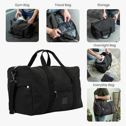Duffle Bag ??Multipurpose Canvas Bag for Travel, Gym, Weekender, Carry On & More ??Durable, Spacious, Unisex Overnight Bag for Men & Women ??Perfect for Sports, and Everyday Use (Black)